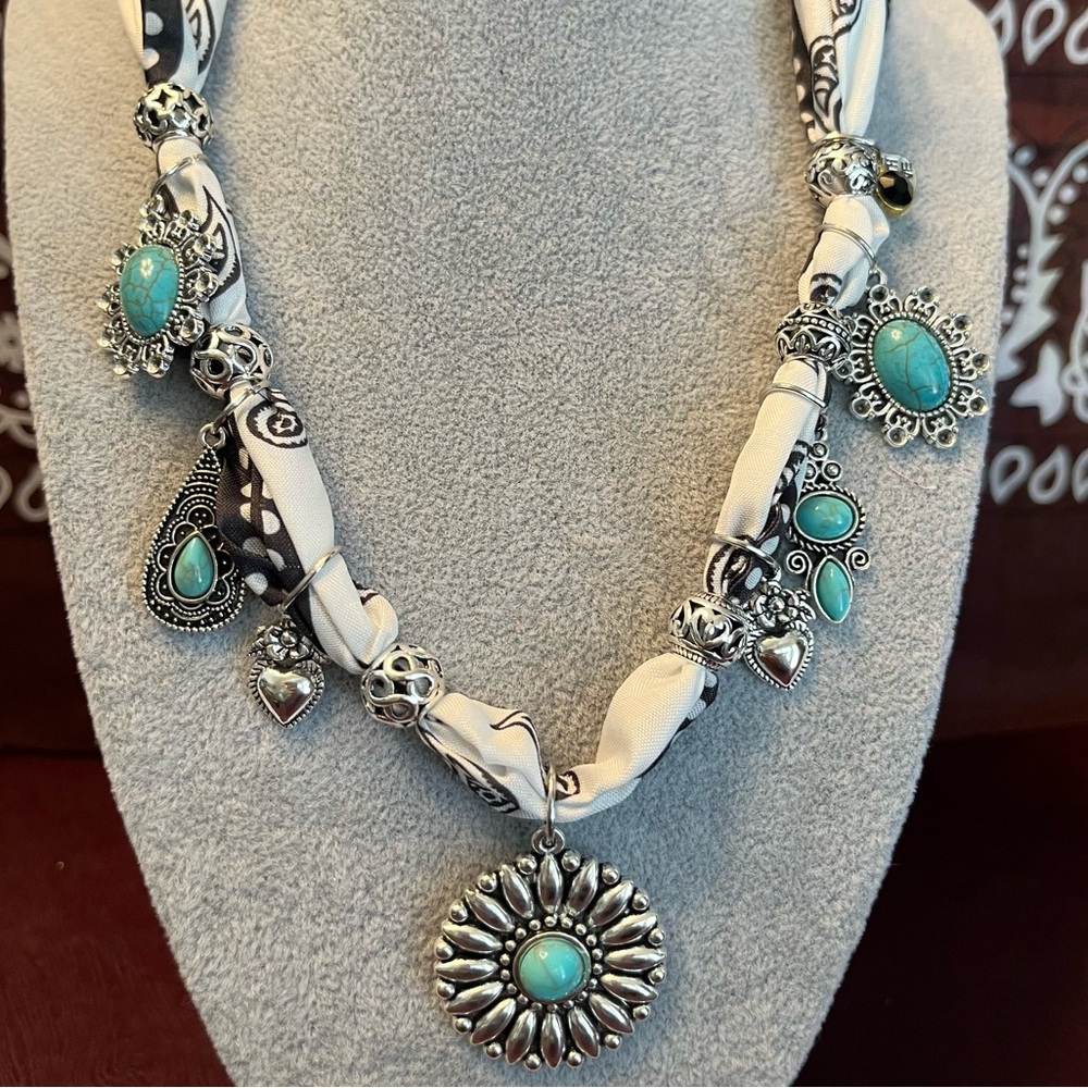 Turquoise Stone White Silky Bandana Charm Necklace - Women Jewelry